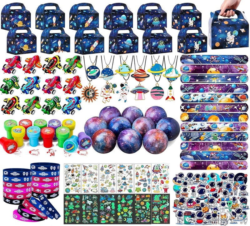 Beauenty 144 Pcs Space Party Favors Supplies - Space Toys, Slap Bracelets, Tattoo Stickers, Helicopter Keychains, and Gift Bag Accessories for Kids' Birthday Parties - Image 1